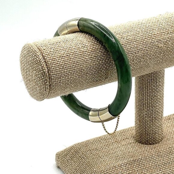 Vintage Spinach Green Nephrite Jade Bangle Bracelet Hinged 10K Gold Plate Caps - Picture 1 of 8